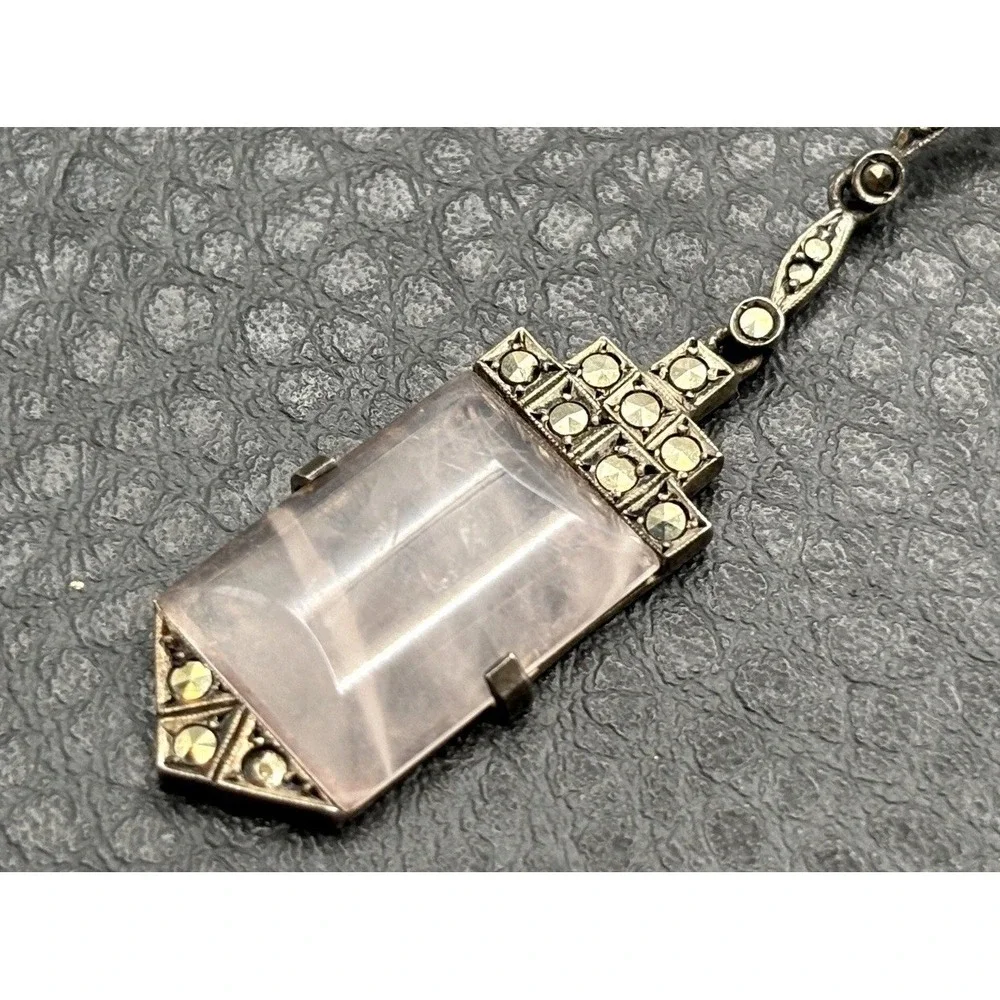 Art Deco Germany Rose Quartz Marcasite Sterling Silver Screw Back Single Earring